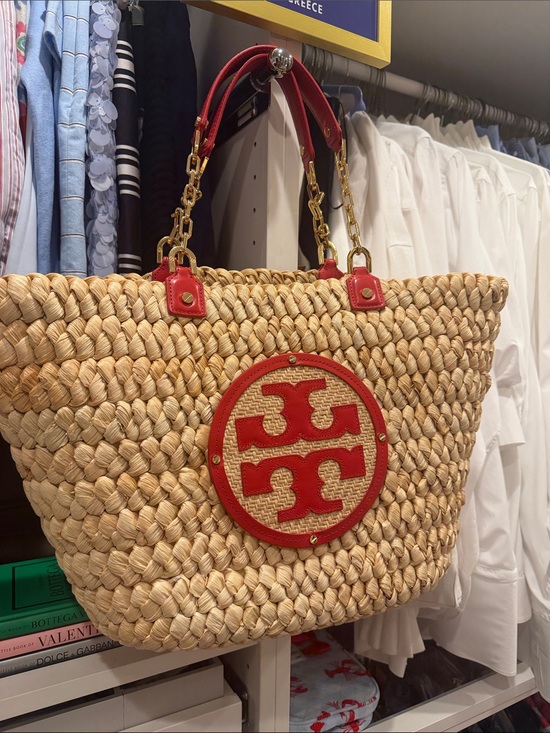 Tory Burch Handbags - Tory Burch Natural Straw Tote with Red Logo and Handles